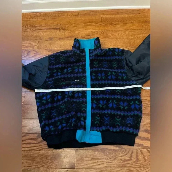 VTG LL Bean Warm Up Jacket Mens Teal Full Zip Fleece Lined Aztec Reversible Sz M - Picture 11 of 13